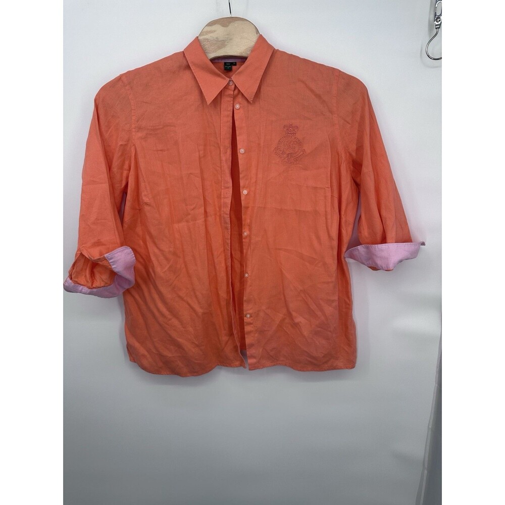 Lauren Ralph Lauren‎ Womens Shirt 2X  Orange Linen Embroidered Logo Cuff Sleeve